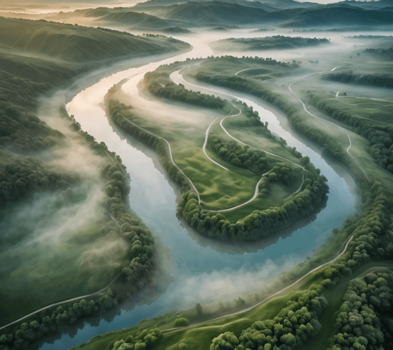 Aerial view of a winding river in a green valley at sunrise, symbolizing life's journey.