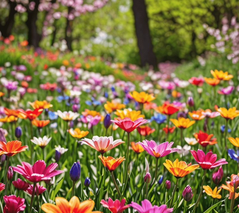 Paint palette with vivid colors on a spring garden backdrop