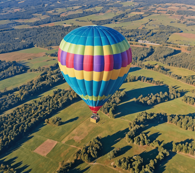 Colorful hot air balloon soaring in a clear blue sky