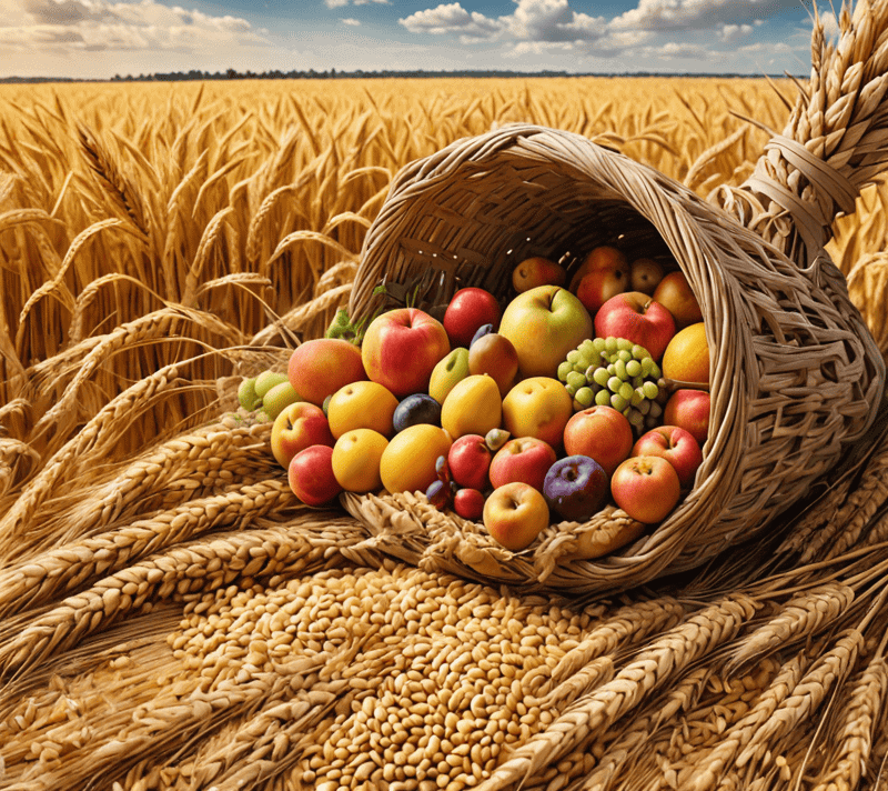 Cornucopia overflowing with fruits and grains in a wheat field