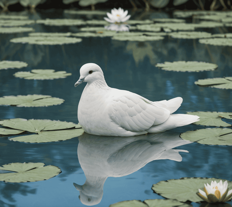 White dove on a serene blue pond with water lilies