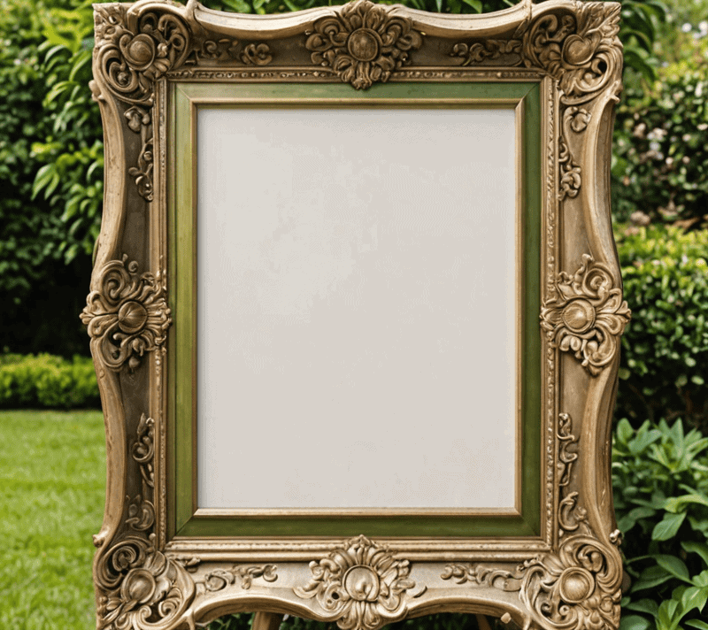 Ornate frame with blank canvas in a garden setting