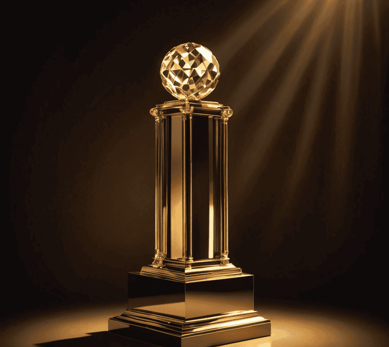 Golden pedestal with a crystal prism catching light in the spotlight