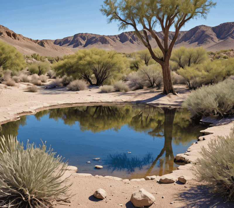 Oasis with flora and water in the desert, symbolizing life's resilience.