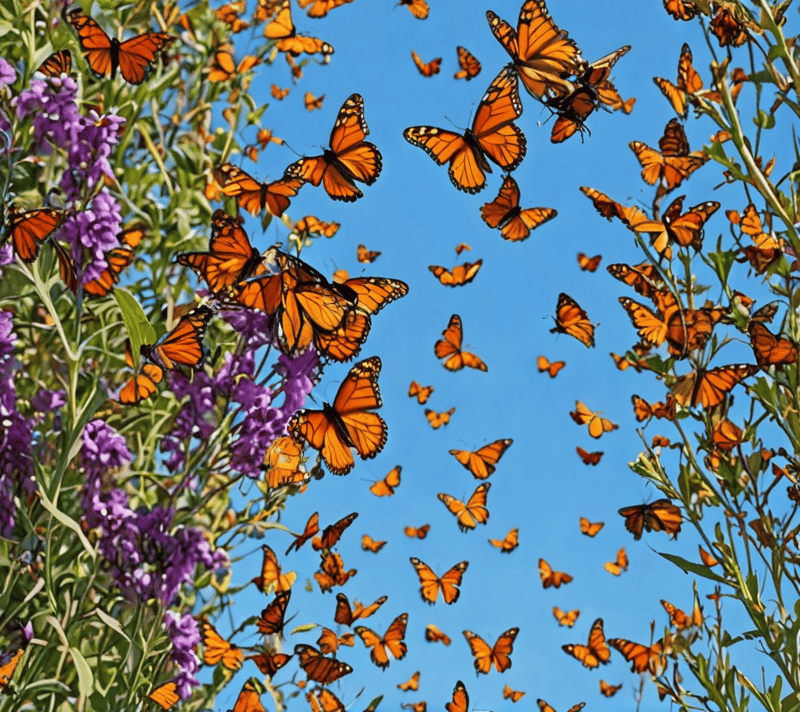 Monarch butterflies participating in their natural migration, amongst vibrant flowers.
