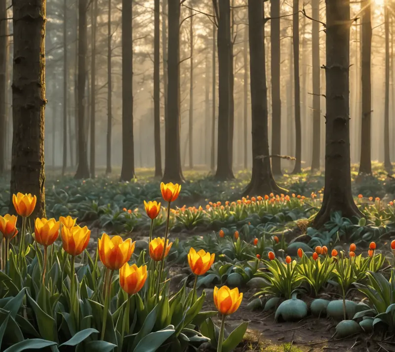 A serene dawn forest scene spotlighting a circle of mushrooms and a teal tulip, with a thrush bird in the background.