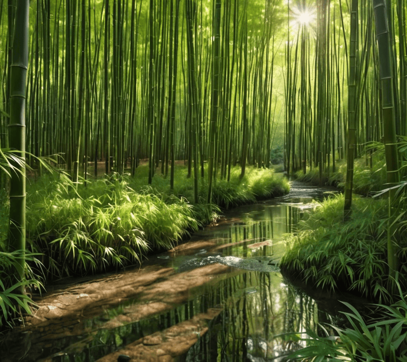 Sunlight streaming through bamboo thicket with a serene stream.