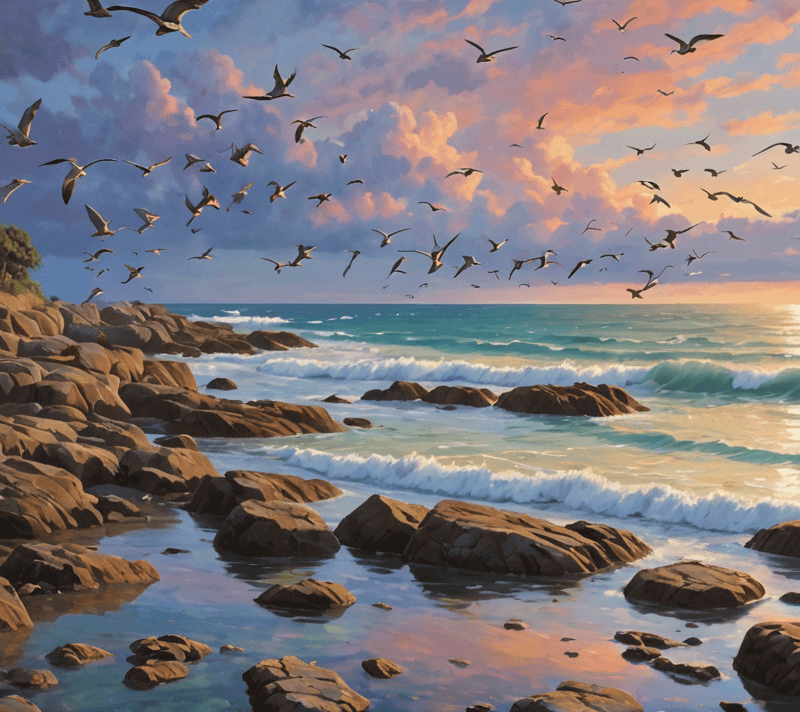 Flock of tropical birds flying over colorful tidal pools on a rocky shore.