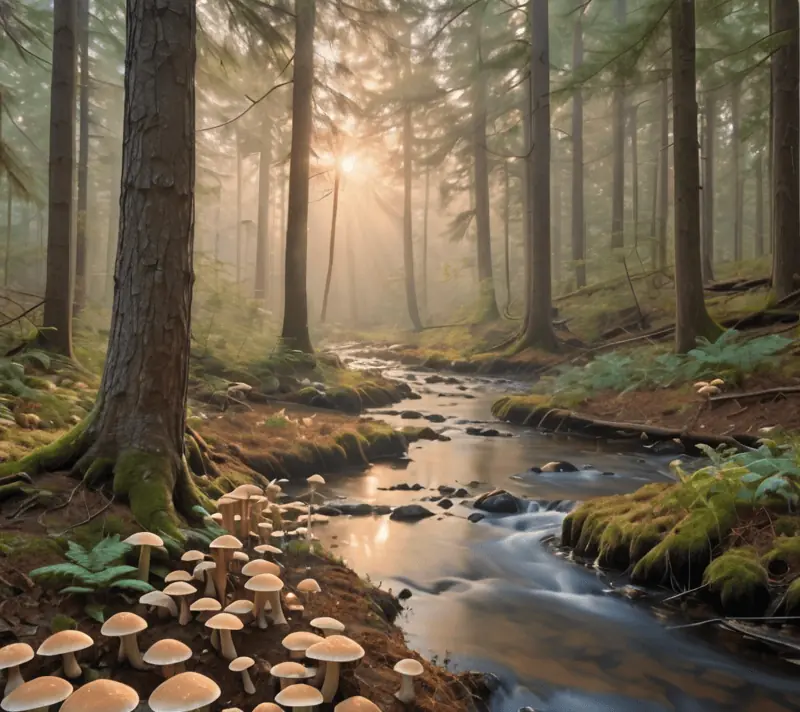 Dawn in a misty forest with sunlight illuminating interconnected mushrooms and a stream flowing into a river.