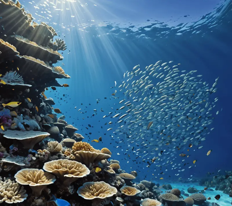 Midday sunlight shimmering on a lively coral reef and rising bubbles with birds soaring above.