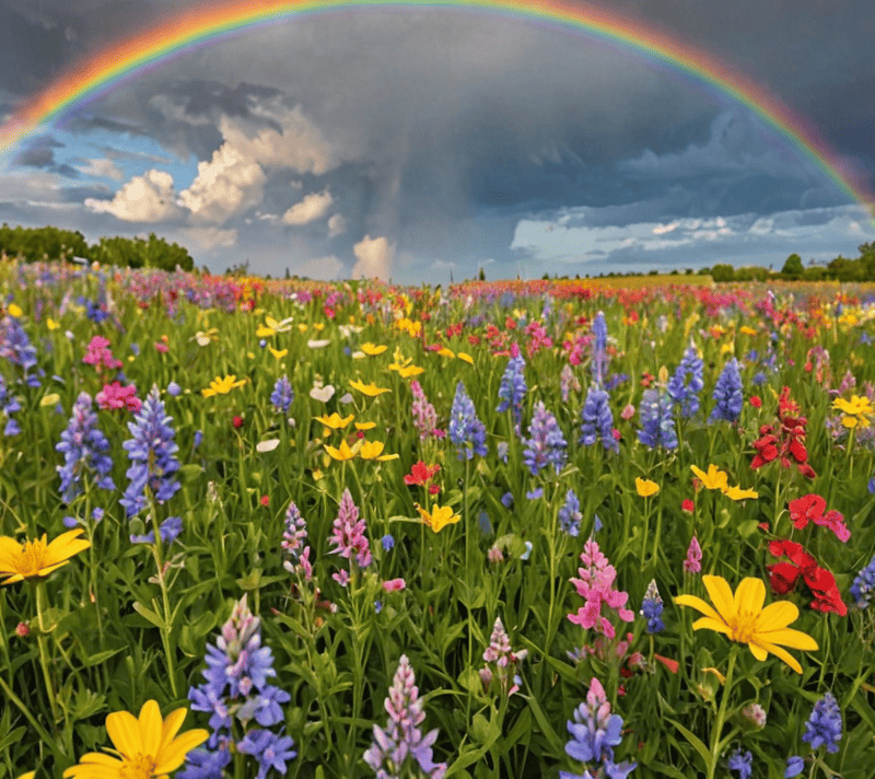 Rainbow over a vibrant field of wildflowers after rain.