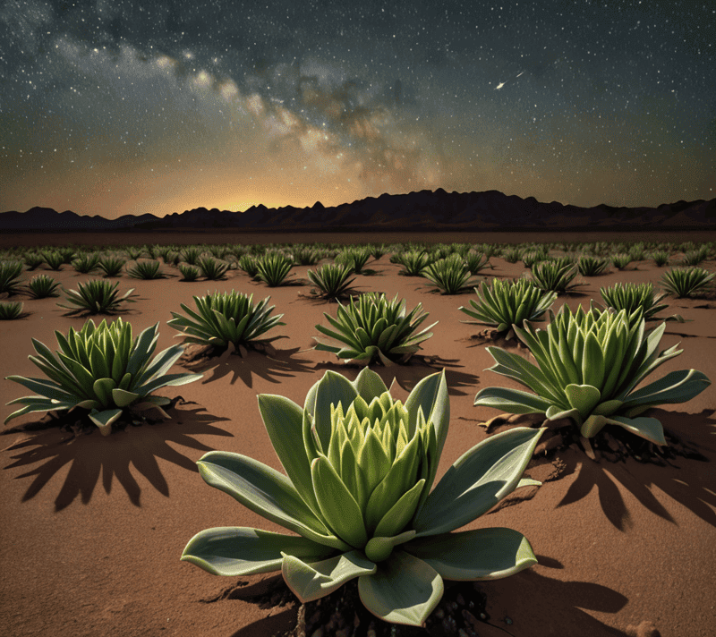 Nighttime desert scene with blooming Welwitschia mirabilis and starry sky, representing resilience and uniqueness.
