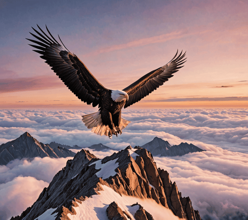 Rocky mountain summit above clouds at dawn with an eagle soaring, signifying success and achievement.