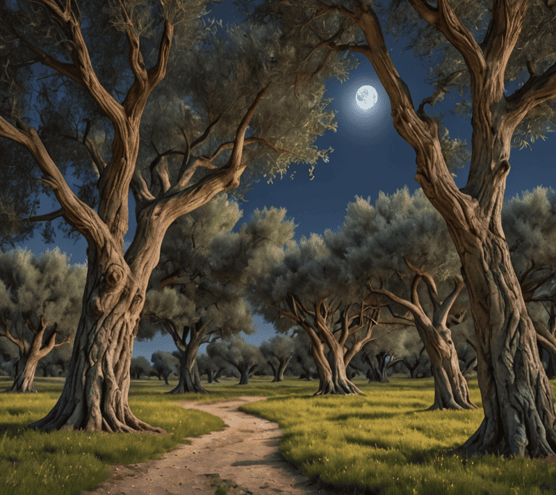 Ancient olive grove under full moonlight, symbolizing wisdom and ethical virtues.