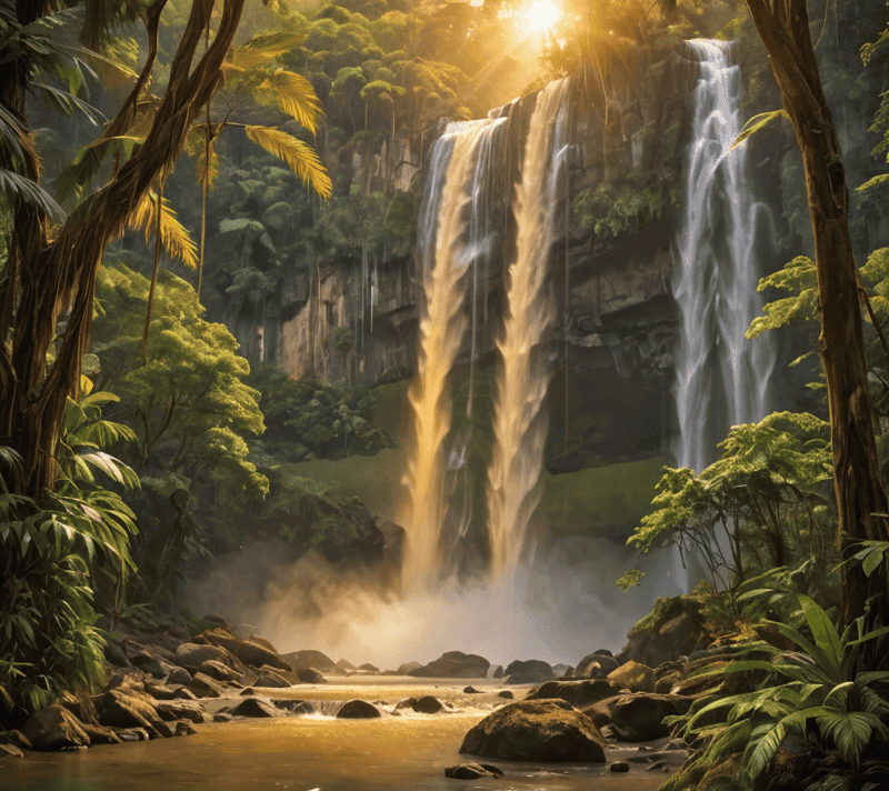 Majestic waterfall with a rainbow in a tropical rainforest during the golden hour, embodying wonder.