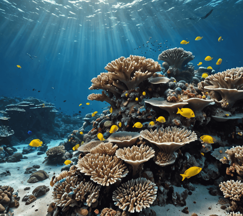 Vibrant coral reef with sunbeams penetrating blue waters, illustrating the wonder of natural ecosystems.