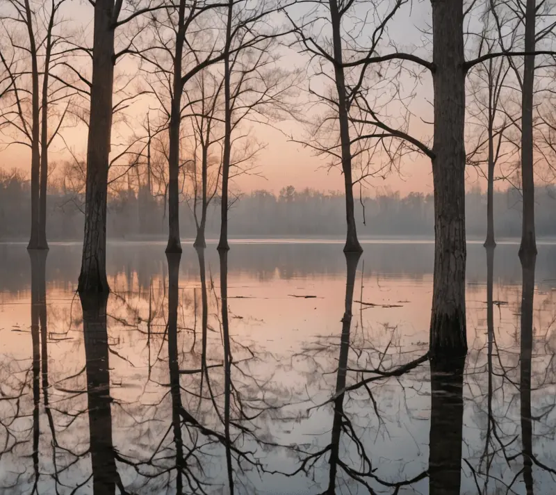 Quiet dawn lake reflecting tree branches that form a natural 'X' during sunrise.