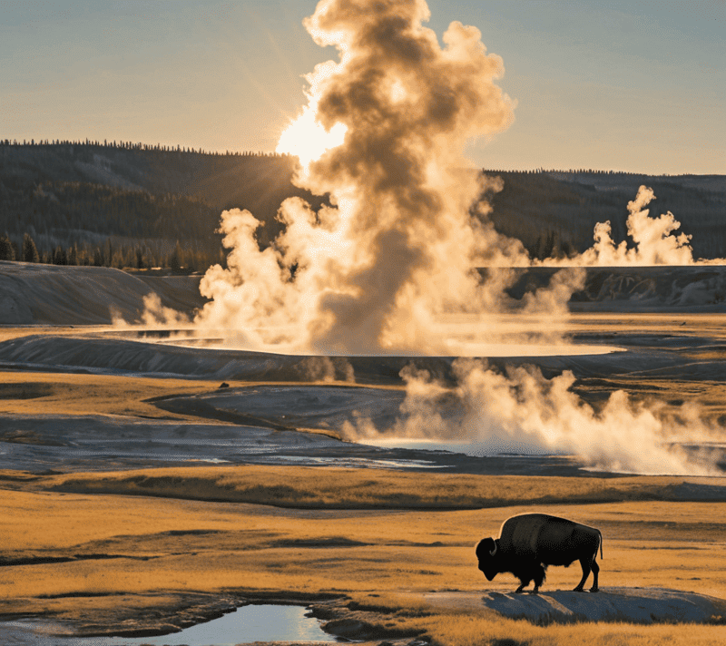 Golden hour over Yellowstone's geothermal features with rising steam and distant bison.