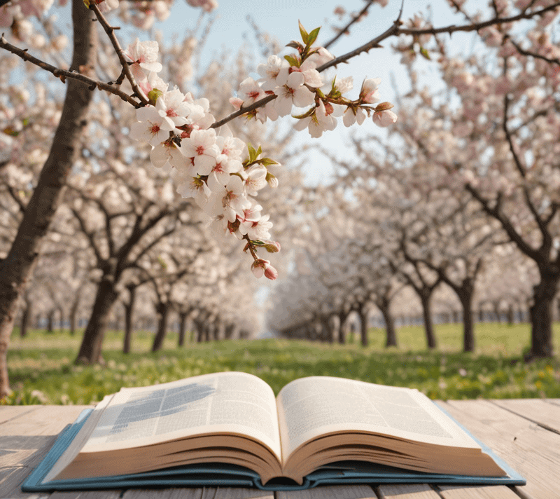 Open book with turning pages, flowering orchard background