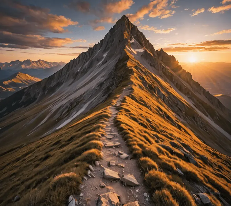Golden light on a mountain trail, evoking the call to adventure