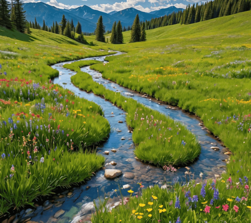Clear stream in a green meadow with wildflowers, embodying the flow of positivity