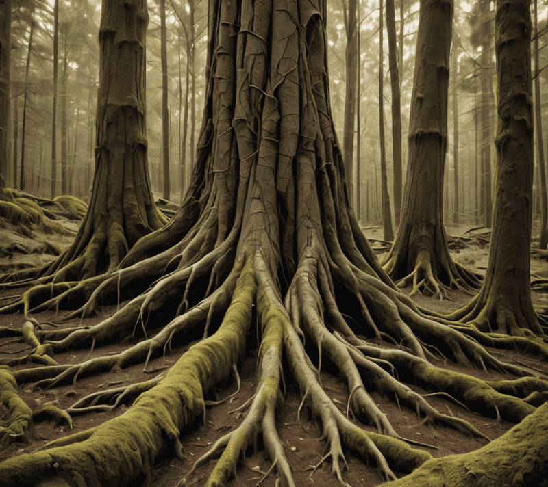 Trees with intertwined roots, symbolizing the support and assistance in nature