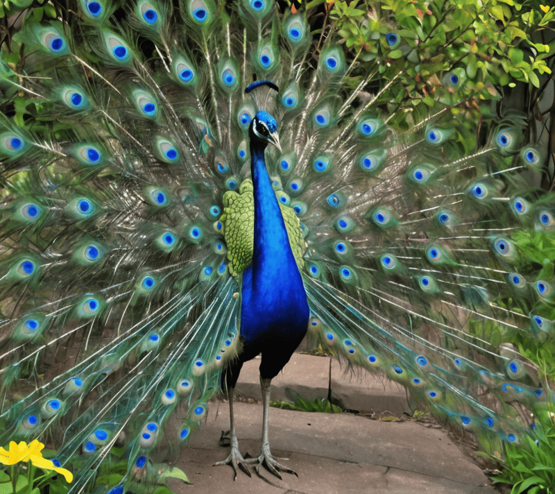 A peacock displaying its radiant tail feathers in a colorful garden.