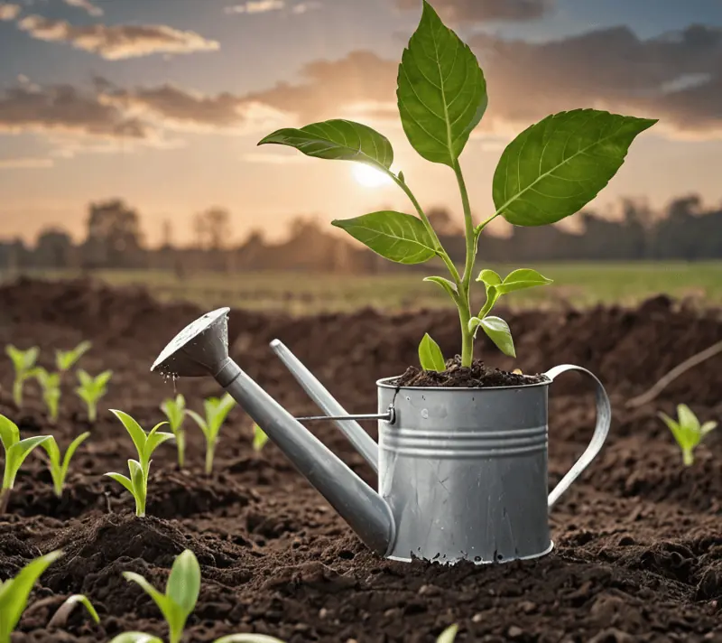 A sprouting sapling with leaves reaching towards the morning light, symbolizing growth.