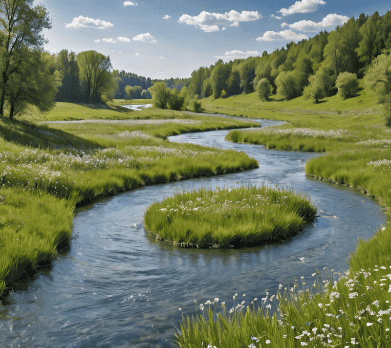 A serene river flowing through lush meadows, symbolizing vitality and dynamism.