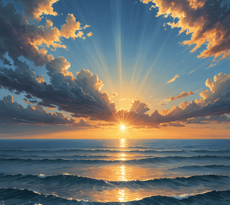 Sunrise over the ocean symbolizing energy and positivity with C-action verbs