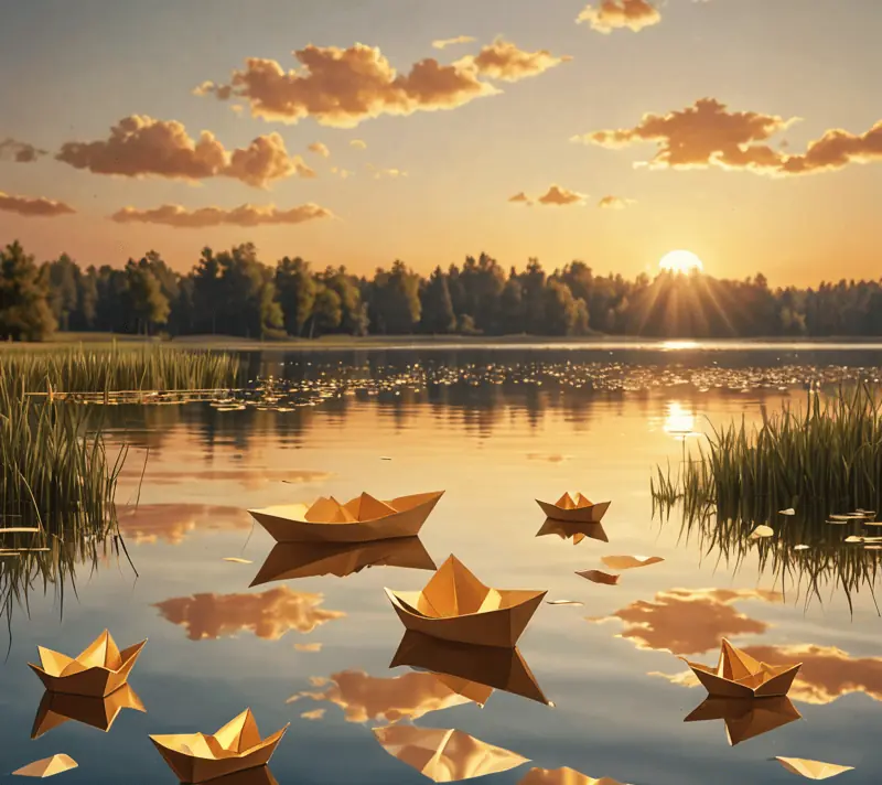 Paper boats on a reflective lake at sunset symbolizing hope and journey