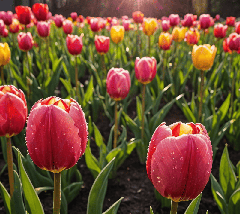 Vibrant field of multicolored tulips with morning dew shimmering in the sunlight