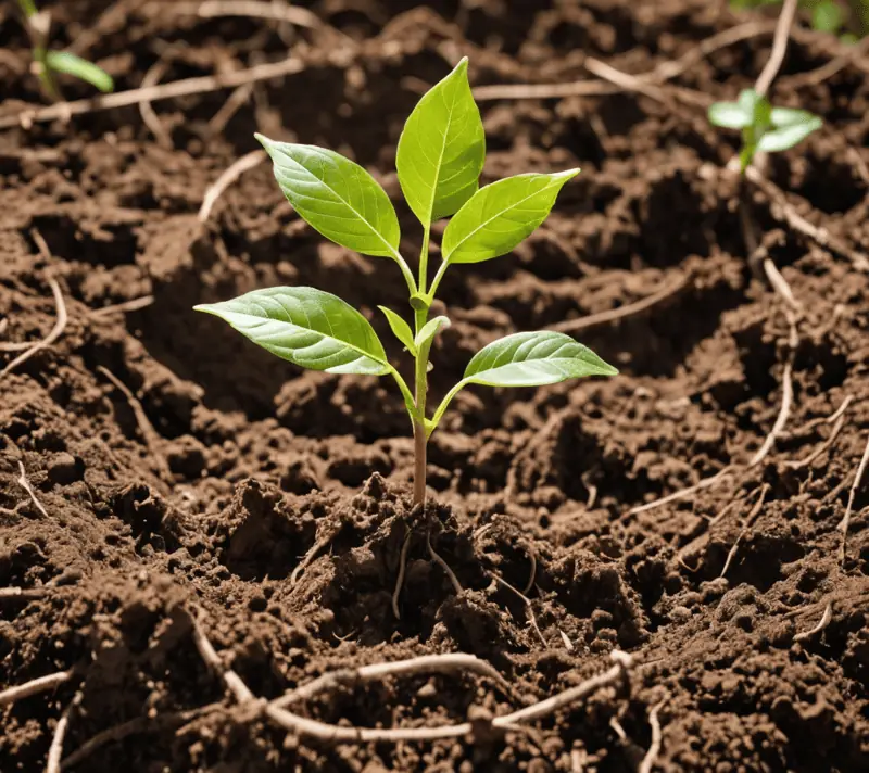Growing sapling with spreading roots symbolizing expansion and progress