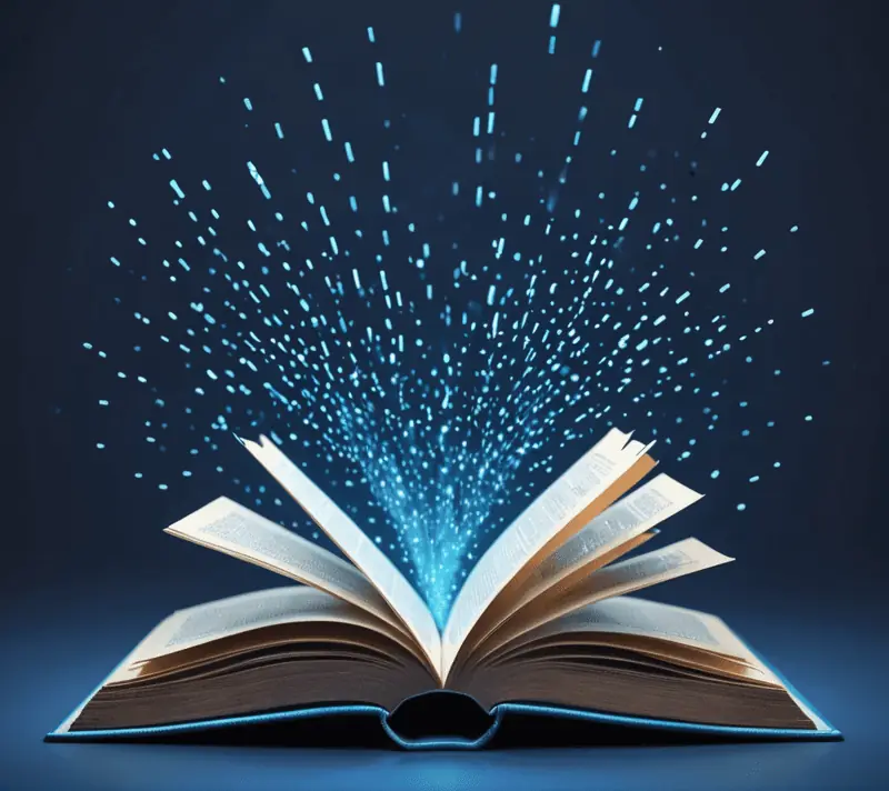 Open book with magical particles symbolizing the discovery of more positive verbs starting with E