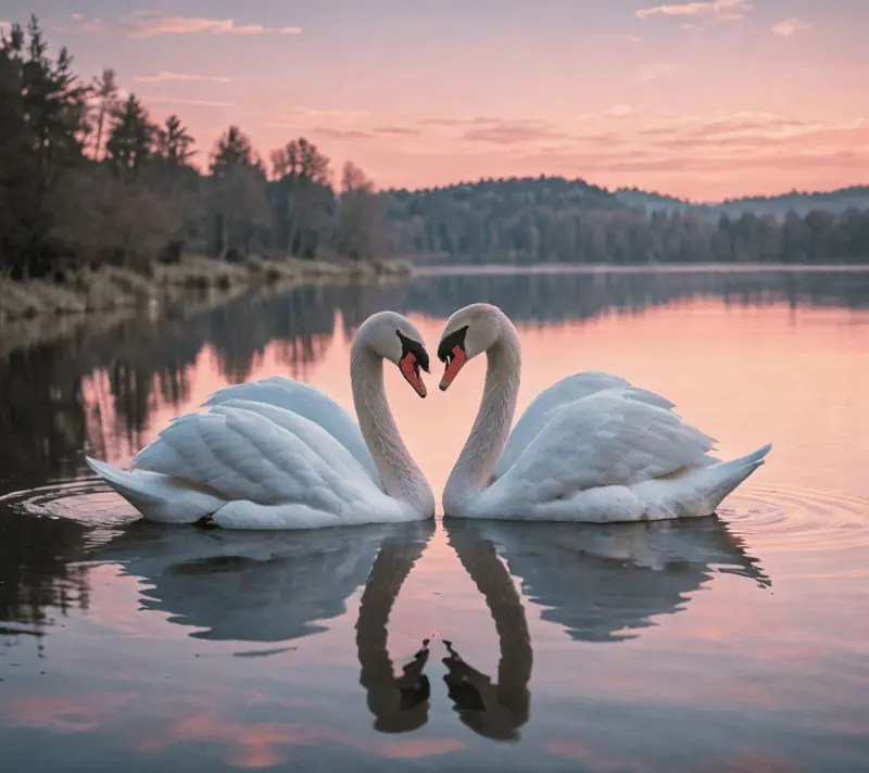 Swans forming a heart on a tranquil lake symbolizing care and affection