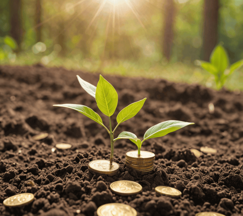 Sapling growing from soil with embedded golden coins, epitomizing investment growth