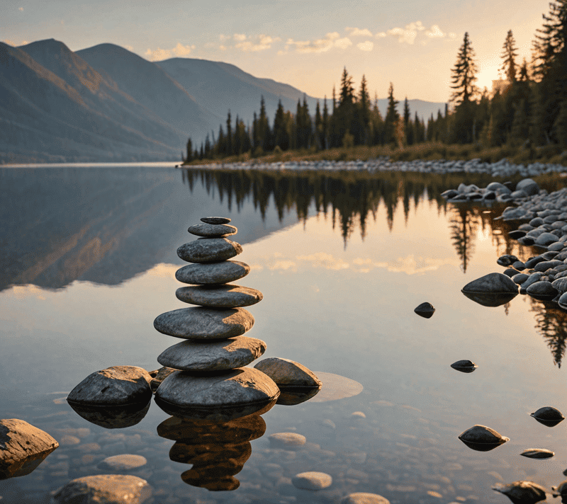 Stone cairns balancing on a lakeshore during golden hour