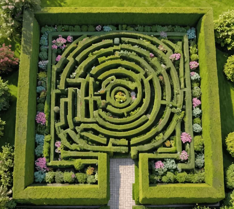 An aerial view of a geometric garden labyrinth with flowering hedges, representing careful cultivation and creation