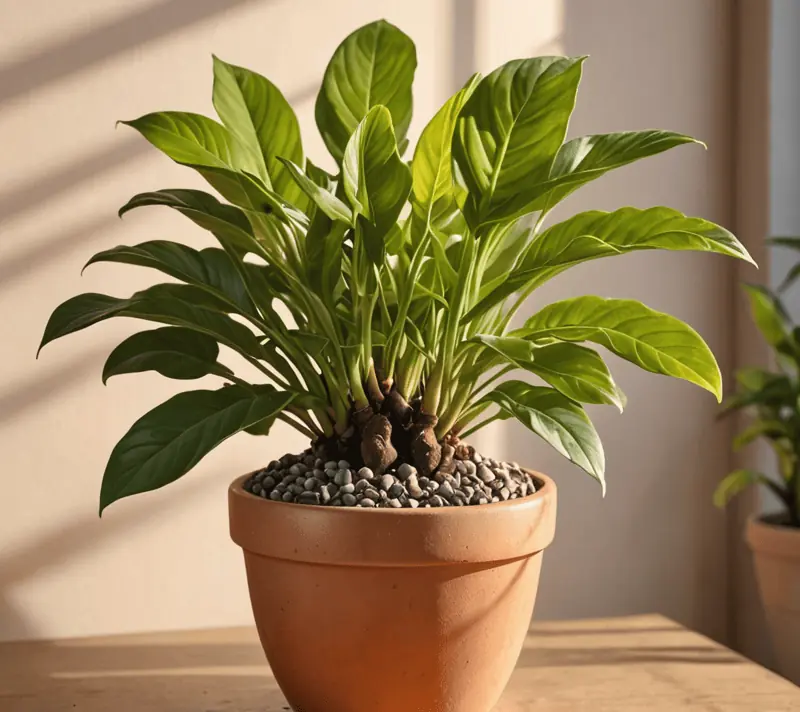 A thriving potted plant with unfolding leaves basking in sunlight, representing personal growth