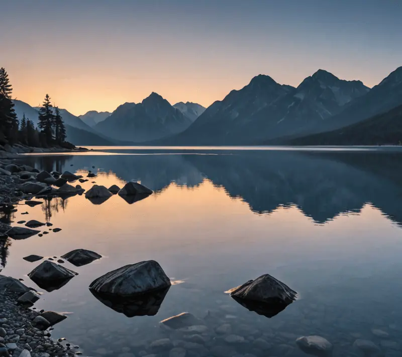 Serene mountain lake at dawn with sun rays creating sparkles on water, evoking calm and positivity