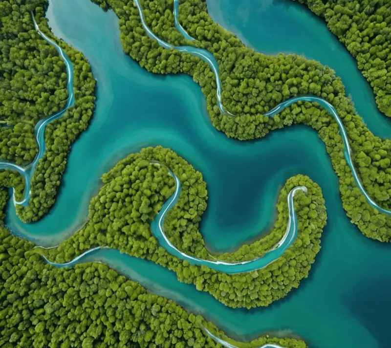 Aerial view of river carving patterns in a lush landscape