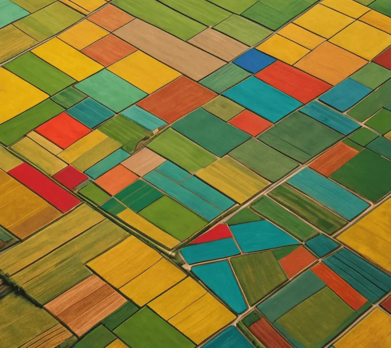 Aerial view of colorful geometric farmland patches