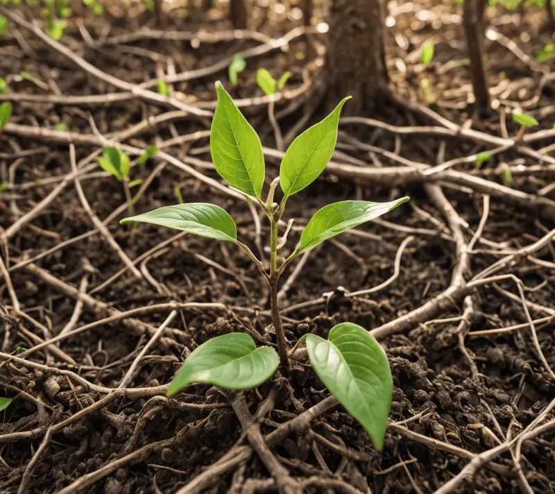 Sapling protected by a twig structure, symbolizing nurturing actions starting with N