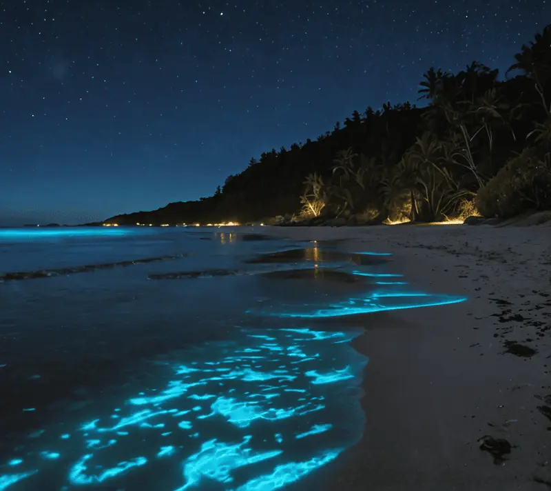 Bioluminescent plankton on beach glowing blue at night