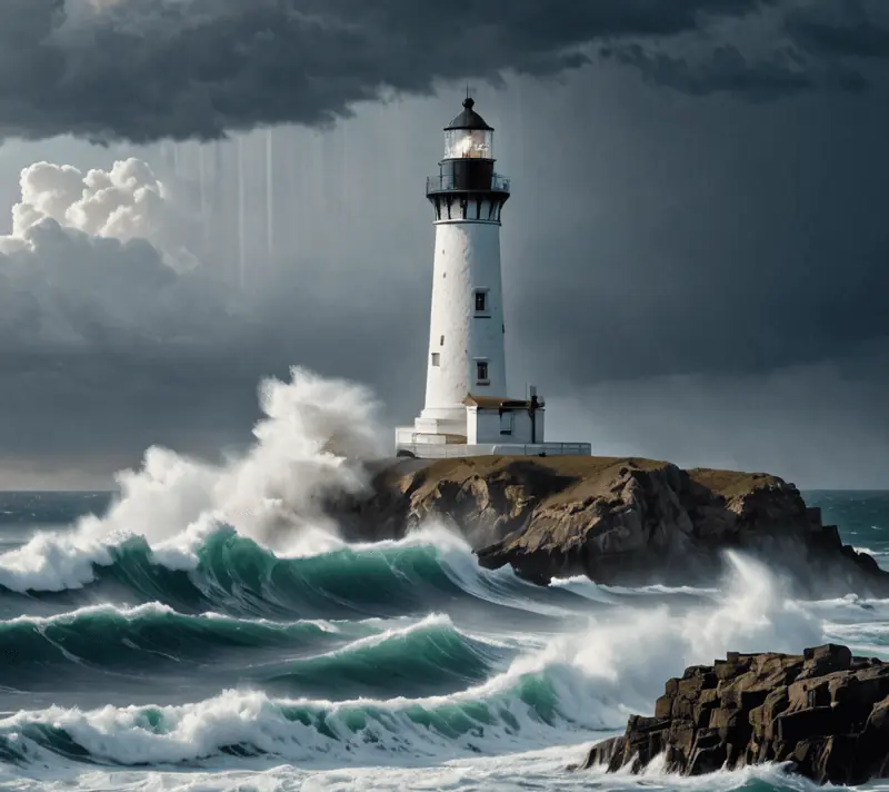Lighthouse beam piercing through storm clouds over the sea