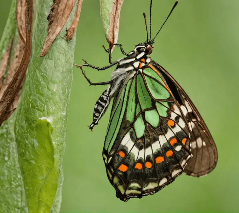 Butterfly emerging from a chrysalis among green leaves
