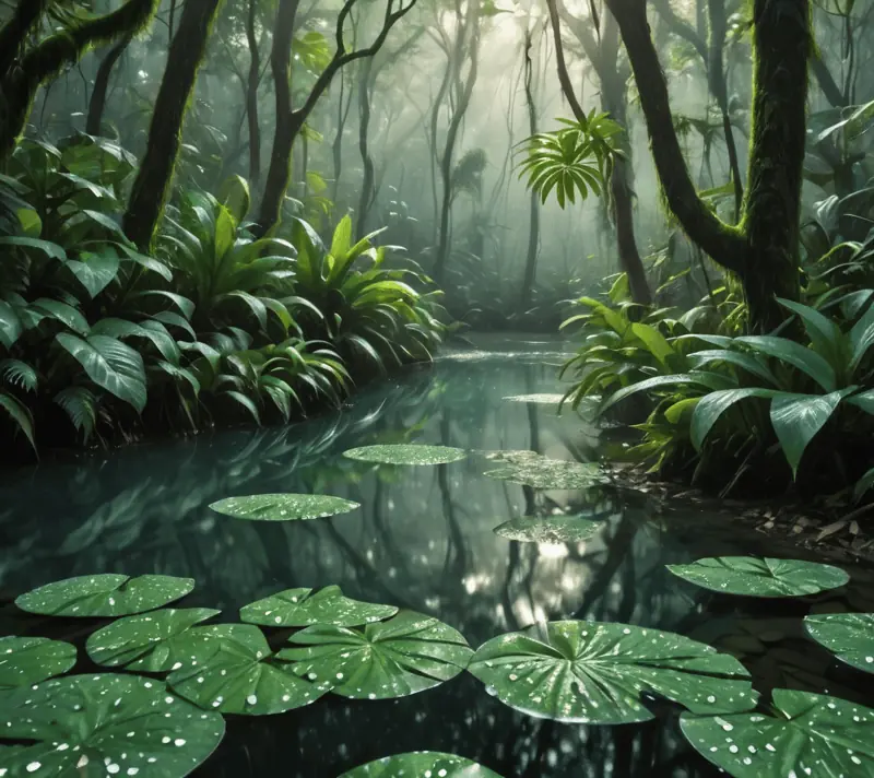 Dew dripping from leaves into a rainforest pool at dawn