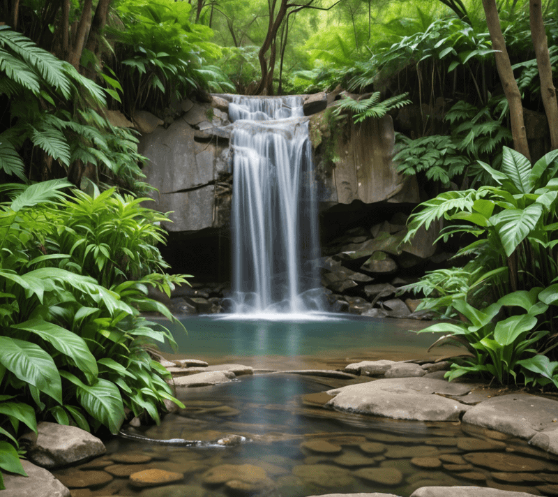 Waterfall into a tranquil pool surrounded by greenery