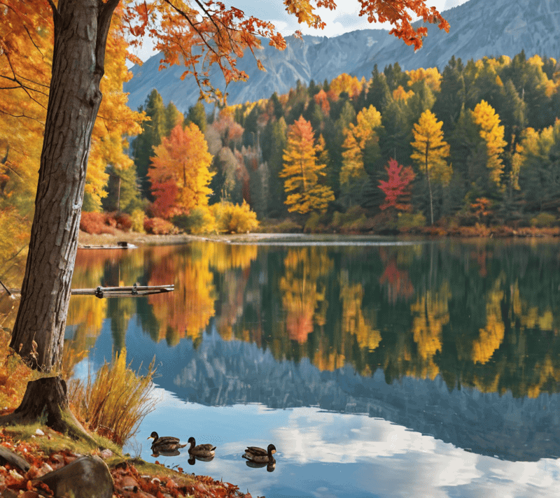 Ducks gliding on a clear lake surrounded by fall foliage