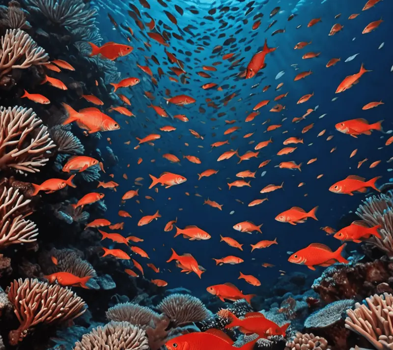 Red fish joyfully swimming in the vibrant blue coral reef